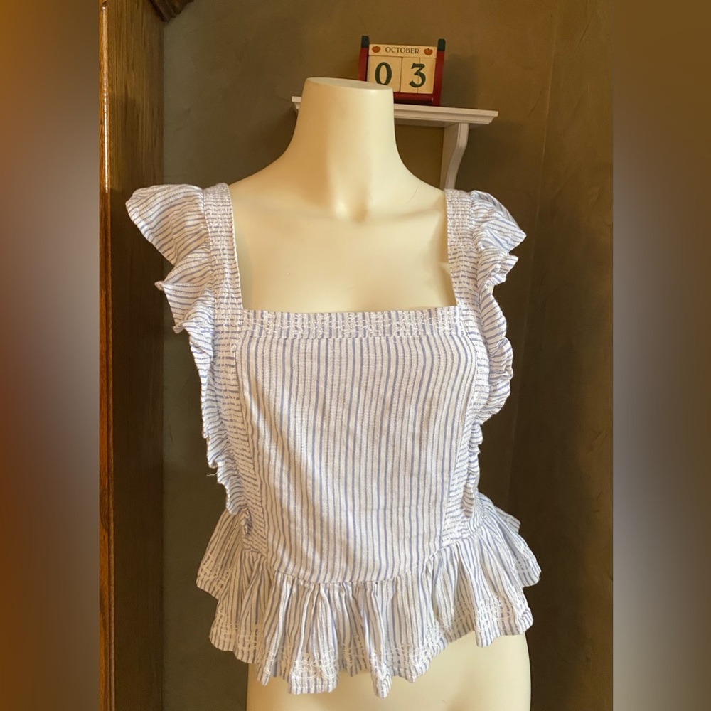Japna Top Ruffled Sleeves Embroidered Striped Women’s Size M